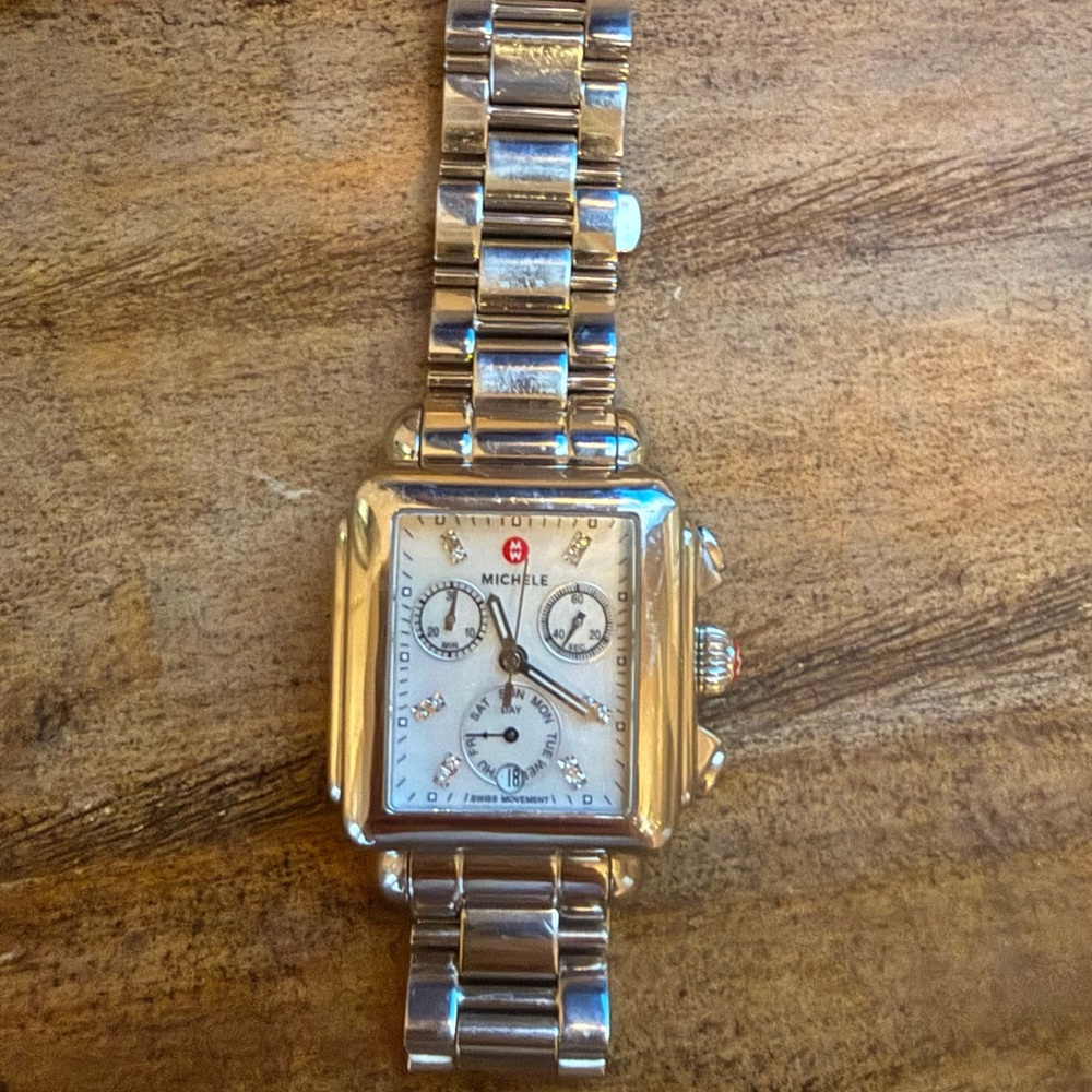 Michele Silver Deco Chronograph Watch with Diamonds
